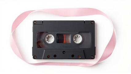 Obraz premium A vintage audio cassette tape with a pink ribbon wrapped around it music