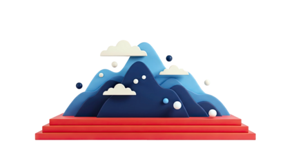 3D Rendered Abstract Mountain Landscape with Clouds and Spheres