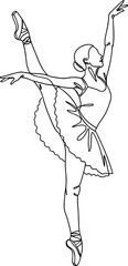 Black and white illustration of ballerina in arabesque pose, raised arm, tutu costume, minimal line drawing, graceful dance © SABINA
