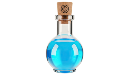 Round glass vial with blue liquid and cork stopper
