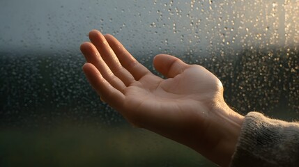 A hand reaches out to catch raindrops against a window with soft dawn light evoking a sense of gentle hope and reflection