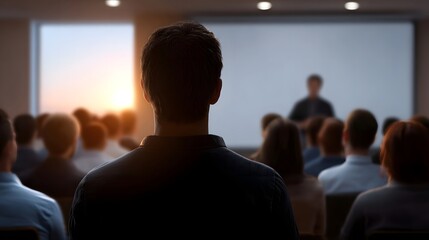 Fototapeta premium Audience watches a presenter on screen during a sunrise meeting in a conference room
