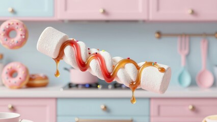 Fluffy marshmallows topped with sticky caramel and berry sauce in a pastel kitchen