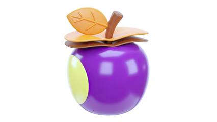 Stylized Purple Apple with Yellow Bite Mark and Orange Leaves