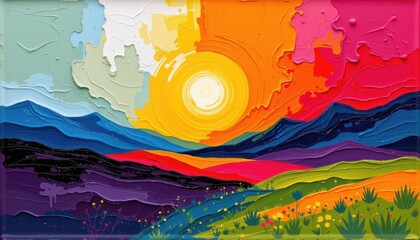 Obraz premium Vibrant Sunset Over Colorful Hills and Mountains with Texture and Abstract Artistic Style