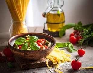 A rustic still life composition showcases a vibrant pasta salad, spaghetti, fresh tomatoes, basil, and a jar of olive oil