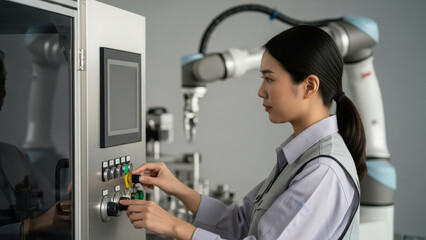 Focused female engineer operating advanced control panel in modern industrial automation lab with collaborative robotic arms performing precise manufacturing tasks in background