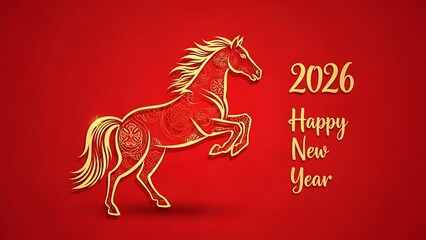 Festive illustration featuring a rearing golden horse silhouette with intricate traditional patterns celebrating the arrival of the Chinese zodiac year 2026 happy new year greetings against a vibrant 