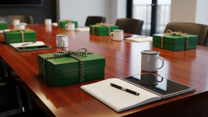 corporate meeting room with green gift boxes notebooks and coffee mugs arranged on long wooden conference table in modern office interior