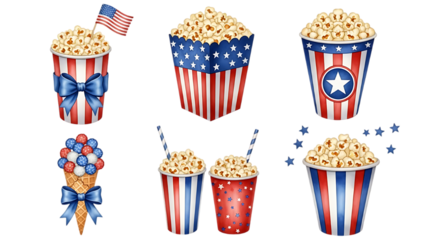 Festive patriotic popcorn buckets and treats with an american flag on transparent background