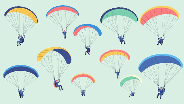 Group of people skydiving with colorful parachutes.
