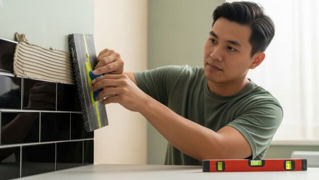 Focused handyman installing ceramic wall tiles in modern kitchen, using trowel to spread adhesive and align glossy subway tiles for precise professional renovation finish