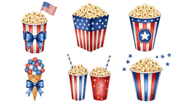 Festive patriotic popcorn buckets and treats with an american flag on transparent background - Powered by Adobe