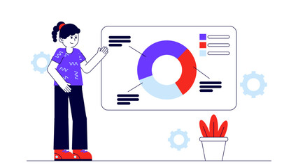 A businesswoman standing next to a large board displaying a colorful donut chart and statistical data for a business plan
