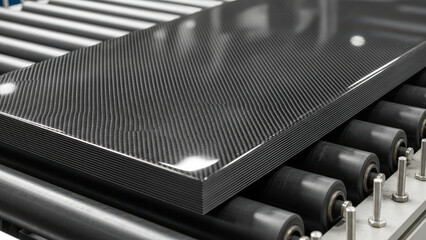 Glossy carbon fiber composite panel moving on industrial conveyor rollers in modern manufacturing facility, close up of textured lightweight material surface in production line