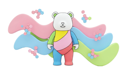 Colorful Bear Toy with Hexagonal Accents and Wavy Background