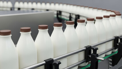 Plastic milk bottles with brown caps moving on automated conveyor belt in modern dairy processing plant showing mass production and food packaging line
