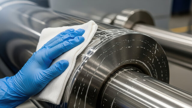 Worker wearing blue protective gloves carefully cleans large industrial metal roller with white cloth removing grease and dirt in manufacturing workshop for maintenance and safety