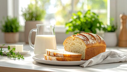 A rustic still life of breakfast staples on a bright, sunny kitchen counter. Features a loaf of bread, milk, and butter