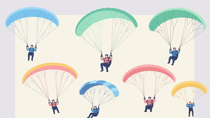 Group of people skydiving with colorful parachutes in the air.