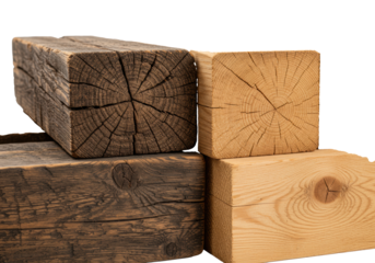 Four square timber planks showing a contrast between aged weathered wood and new rustic lumber against a white background. Industrial design material study
