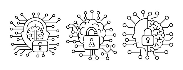 Artificial intelligence and data security brain icons on white background
