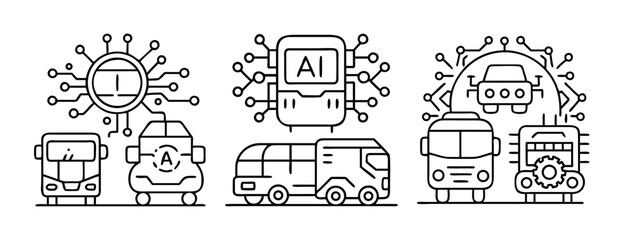 Connected autonomous vehicles and AI processor line art icons set