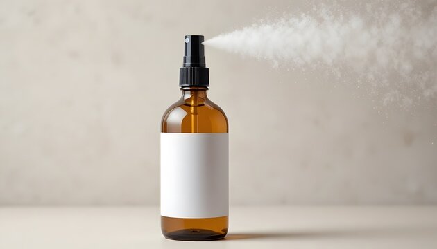 Amber glass spray bottle with a blank white label actively dispensing a fine mist. apple cider vinegar spray