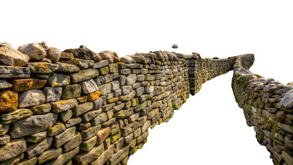 A historic stone wall stretches across a dark background with a gap in the middle