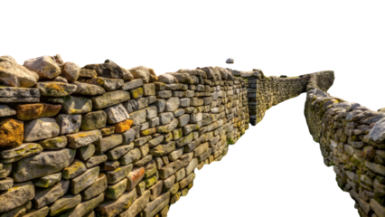 A historic stone wall stretches across a dark background with a gap in the middle