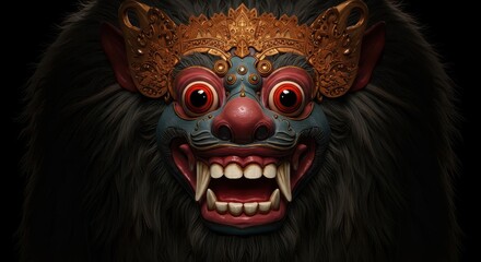 Intricate depiction of a fierce mythical creature's ornate mask set against a dark background