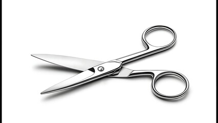 Obraz premium Shiny, stainless steel scissors lie open against a stark white backdrop, revealing sharp blades and finger-holes