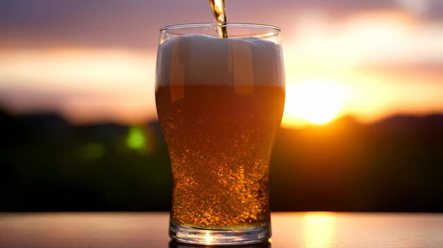 A glass of golden beer is filled as sunlight sparkles on the surface, creating a warm glow. The beer's effervescence contrasts beautifully against the sunset backdrop. (180)