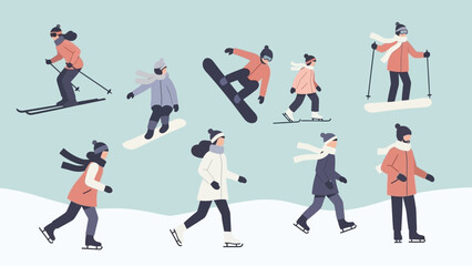 Fototapeta premium Group of people skiing and snowboarding on a snowy slope.