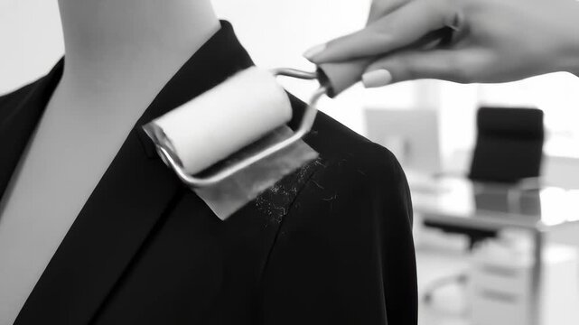 Person Removes Lint From Suit Jacket With Sticky Roller in Black and White