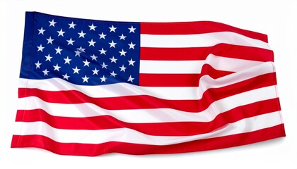 Obraz premium Waving American flag with red and white stripes and blue field of white stars against a clean white background.