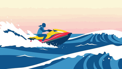 Man Riding Jet Ski on Ocean Waves at Sunset. © Abhinaya Project