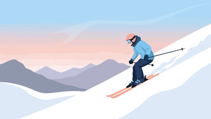 Skiing Down a Snowy Mountain Slope with Scenic Mountains in the Background.