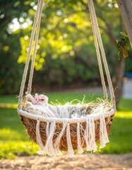 A rustic swing, woven of natural materials, hangs outdoors. The swing is adorned with decorative fringe and rope supports, framed by lush greenery