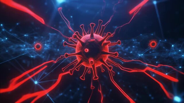 Abstract Computer Virus Visualization with Red Lines Infiltrating Blue Digital Network, Malware and Cyber Attack Concept