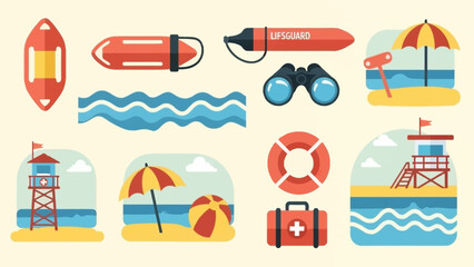Beach and Summer Vacation Icons with Lifeguard Tower and Umbrellas. © Abhinaya Project