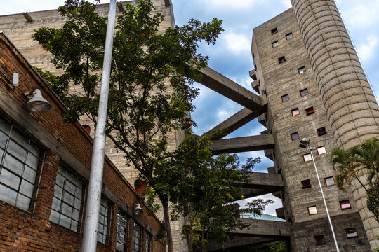 Sao Paulo, SP, Brazil. April 27, 2023. SESC Pompeia in Sao Paulo, designed by architect Lina Bo Bardi. A landmark of brutalist architecture, this cultural center revitalized a former drum factory.