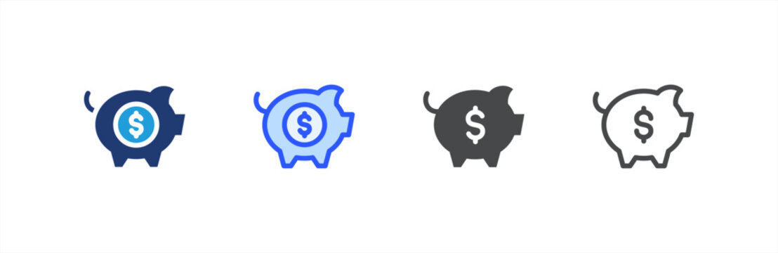 Piggy Bank icon multiple style collection. Vector illustration.