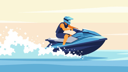 Man Riding Jet Ski on Calm Ocean Water at Sunset.
