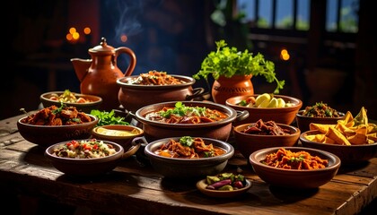 Fototapeta premium A rustic wooden table laden with various earthenware bowls overflowing with aromatic stews and side dishes, steam rising