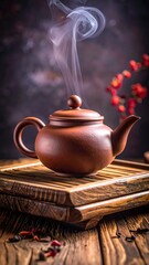 A rustic teapot steams atop a wooden tray, its warm hues contrasted by a dark, blurred background and hints of floral details