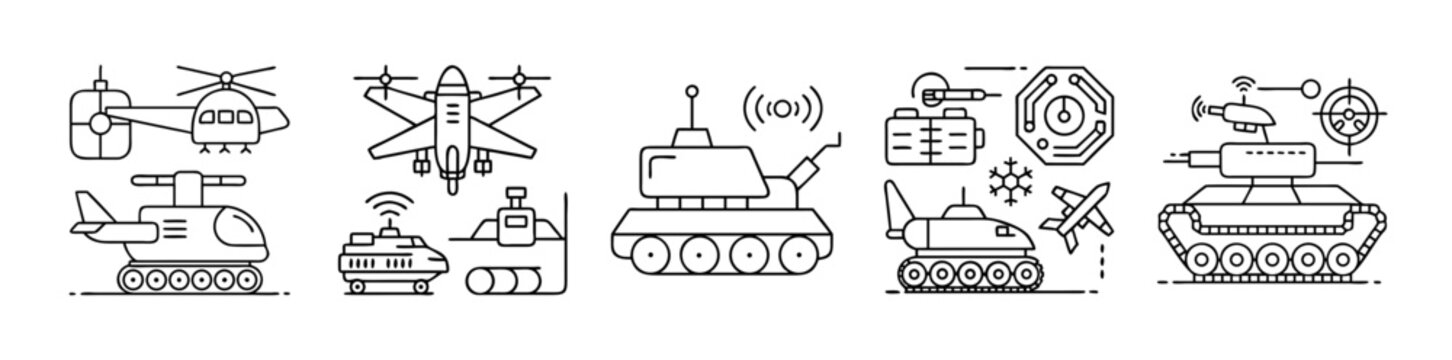 Black line art icons of military robotics, drones, and defense systems