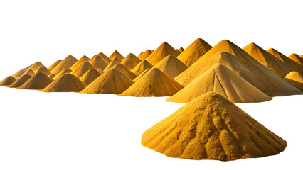 A large collection of yellow powder piles arranged in a row against a black background