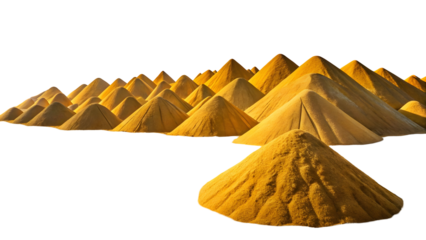A large collection of yellow powder piles arranged in a row against a black background