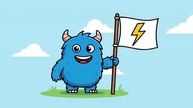 Cartoon Monster Holding Lightning Flag.